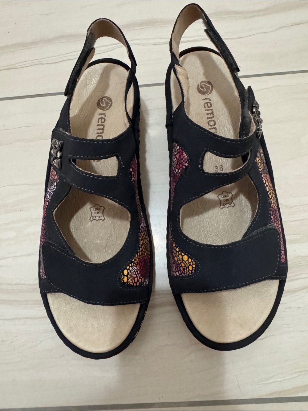 Remonte Navy Blue Sandals with Multicolor Accent Adjustable Velcro Straps Sz 38 - Picture 2 of 9